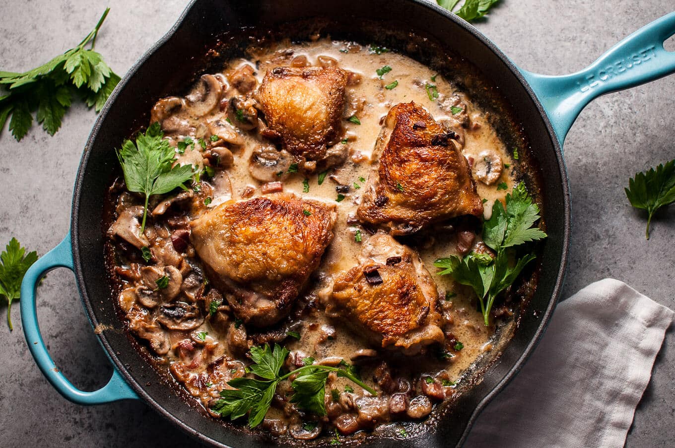 Crispy Chicken with Pancetta, Mushrooms, and Bourbon • Salt & Lavender