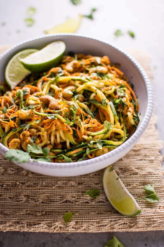 These 15 minute garlic lime cashew zoodles are a super easy and healthy vegan meal option. This is a snap to make, and the sauce is addictive!