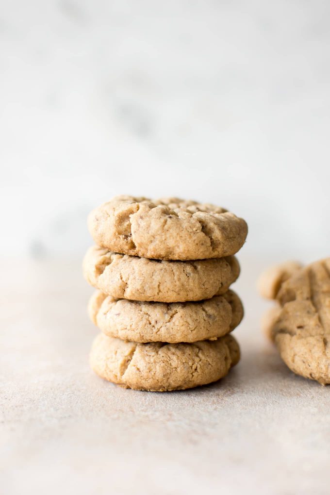 stack of four vegan peanut butter cookies