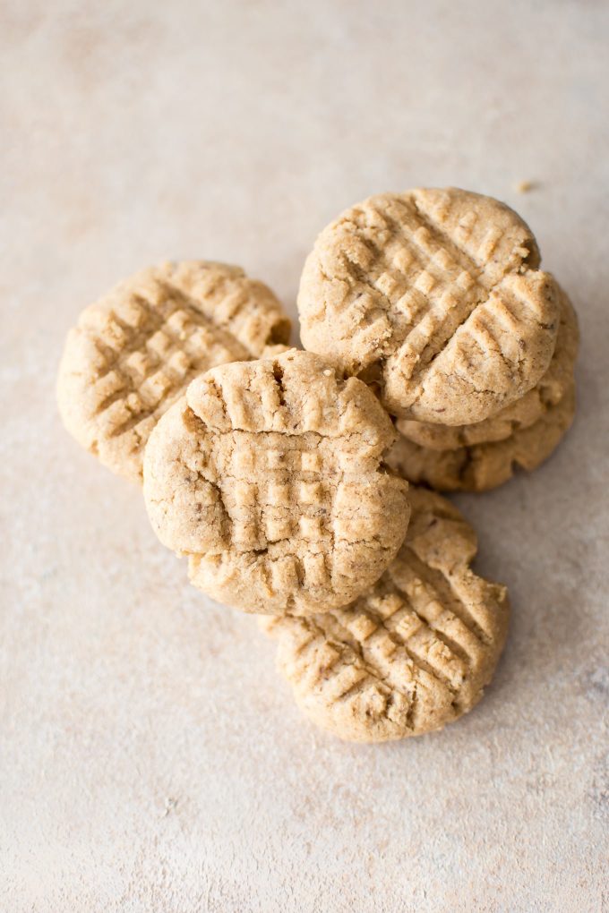 six vegan peanut butter cookies stacked