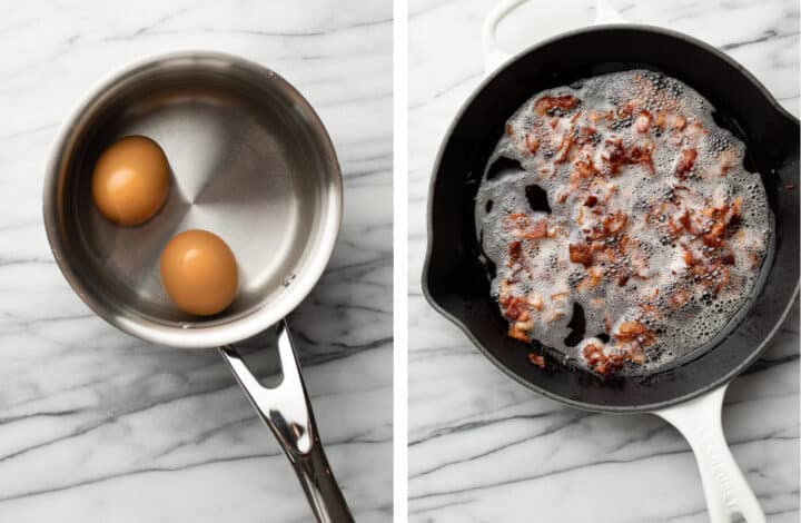 boiling eggs and frying bacon in a skillet