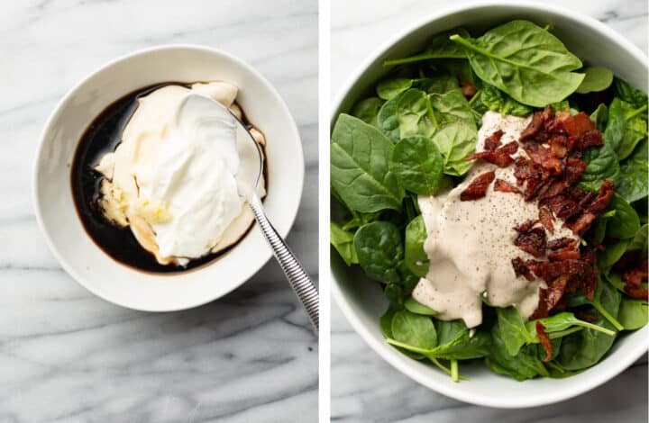 making dressing in a bowl for spinach salad with bacon