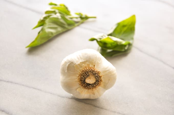 close-up of a head of garlic and basil leaves