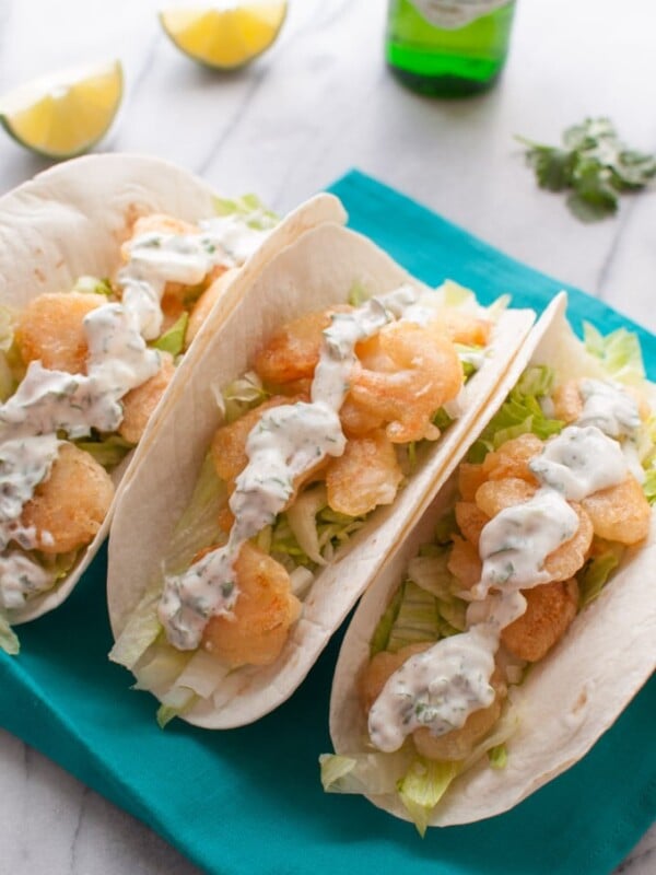 Beer Battered Shrimp Tacos with Cilantro Lime Cream - Salt & Lavender