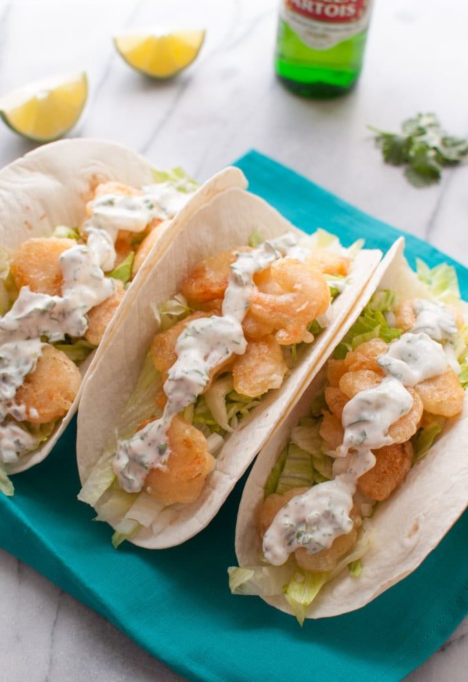 Beer Battered Shrimp Tacos with Cilantro Lime Cream - Salt & Lavender