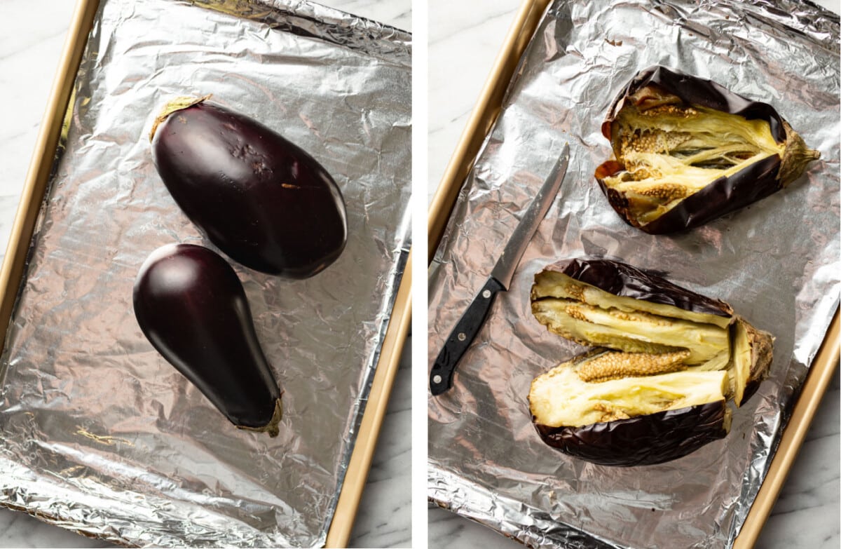 a baking sheet with eggplant before and after roasting