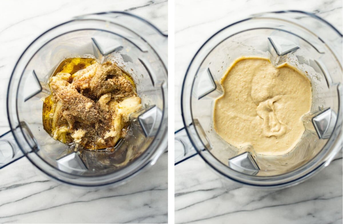 mixing ingredients for greek roasted eggplant dip in a blender