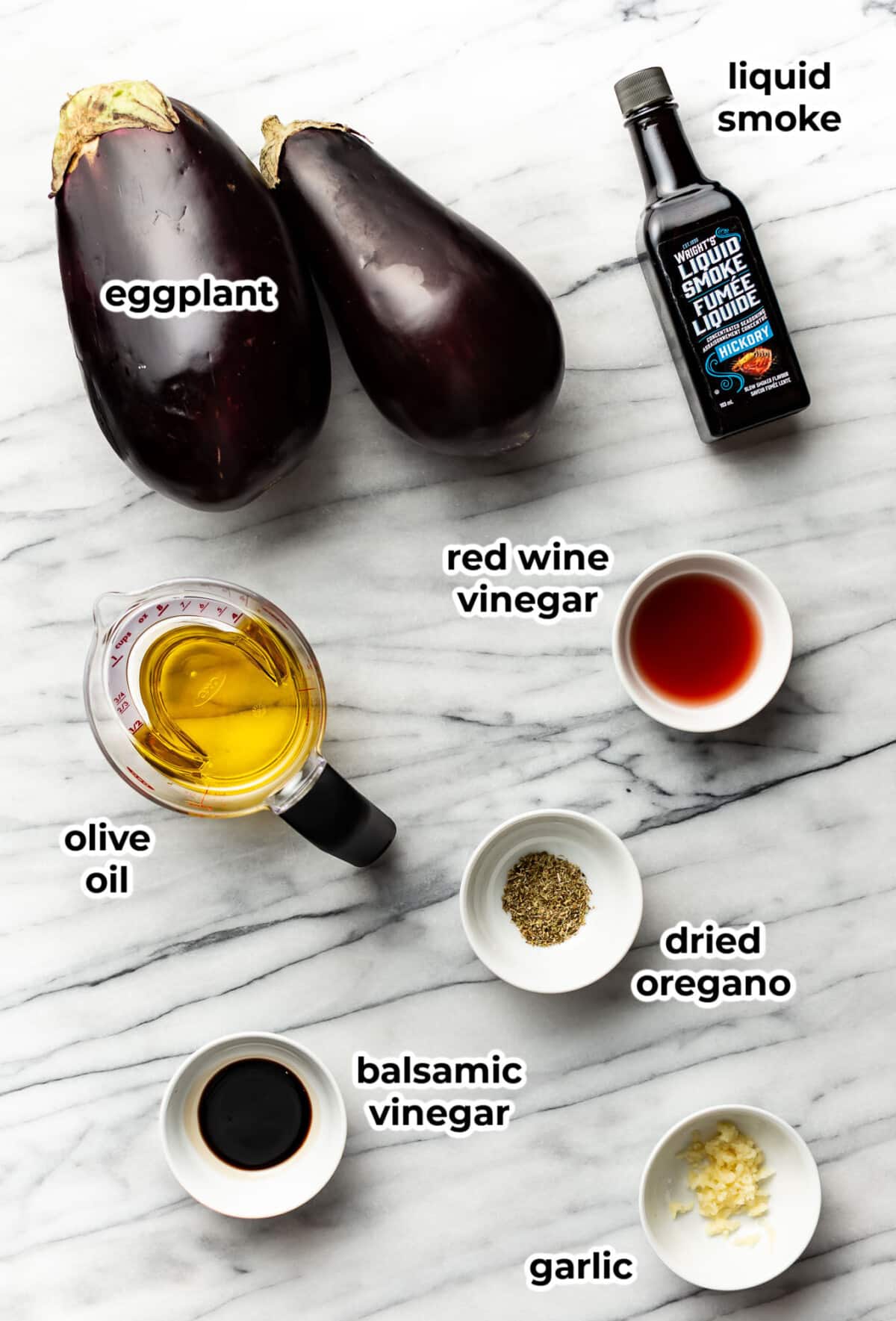 ingredients for greek eggplant dip in prep bowls