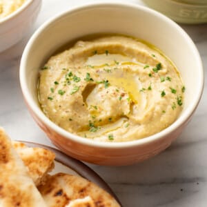 a bowl of greek melitzanosalata dip with pita bread