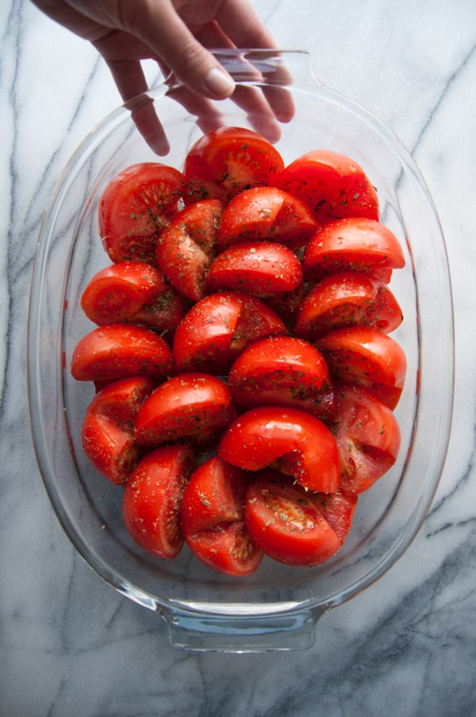 glass bowl with roasted tomatoes