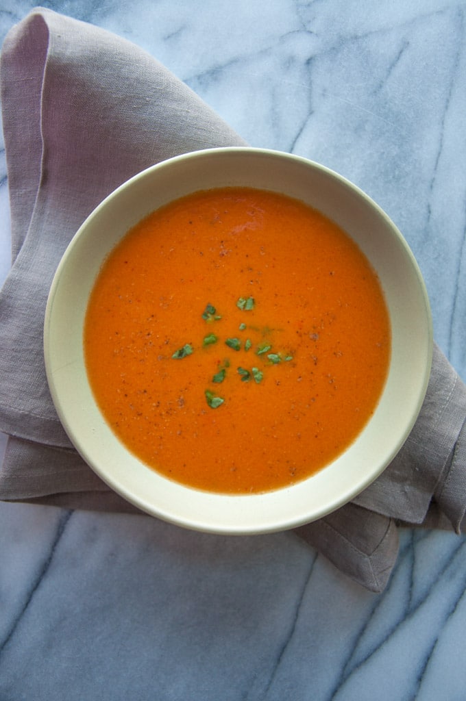 bowl of roasted tomato soup with tarragon
