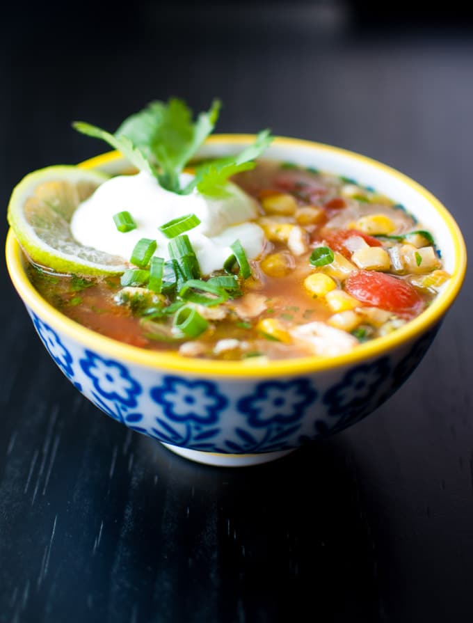 close-up of Mexican chicken and lime soup in a bowl