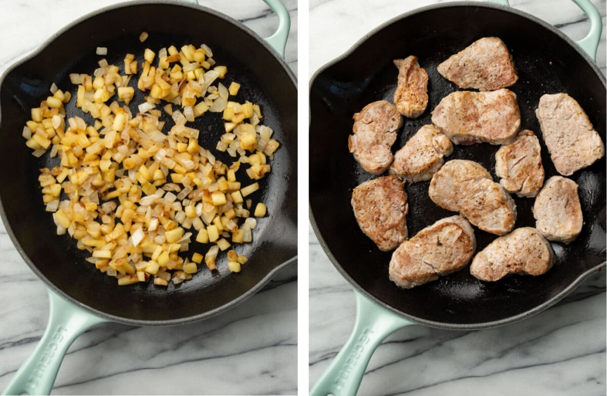 sauteing apples and onions in a skillet and then pan searing pork tenderloin medallions