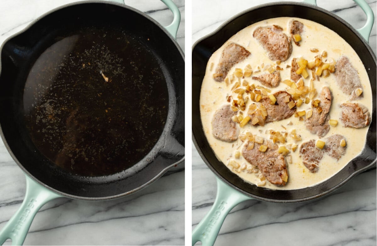 cooking brandy sauce in a skillet and adding cream and pork medallions