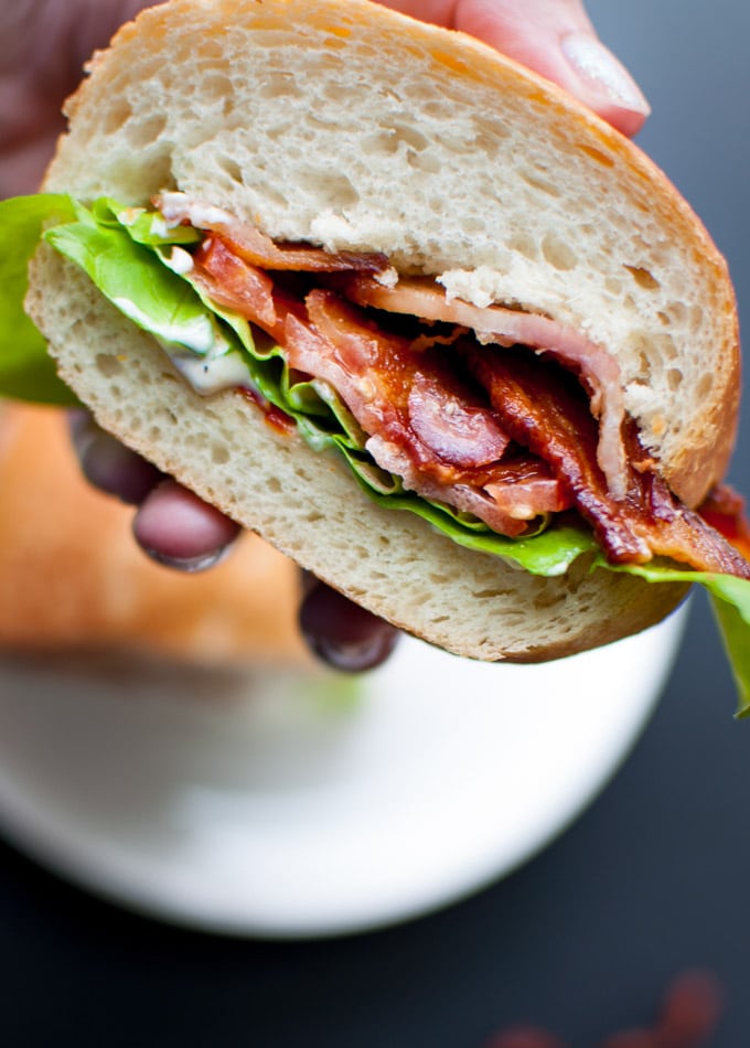 close-up of BLT with garlic and sun-dried tomato mayo