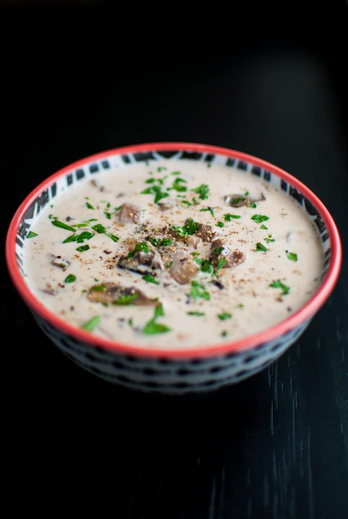 patterned bowl with creamy mushroom soup with sherry and parsley garnish