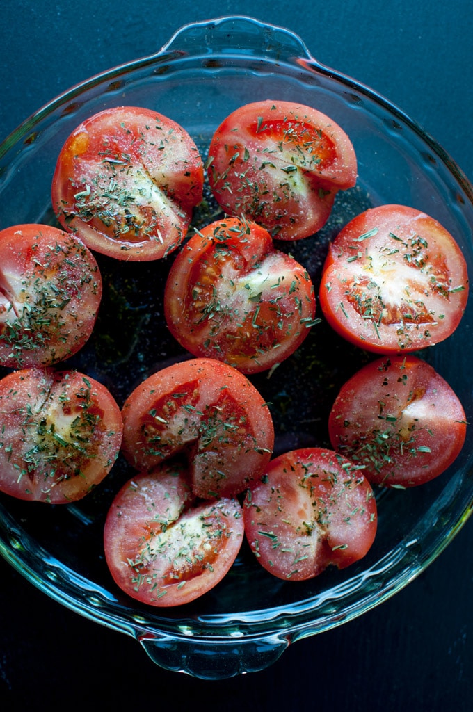 glass bowl of roasted tomatoes