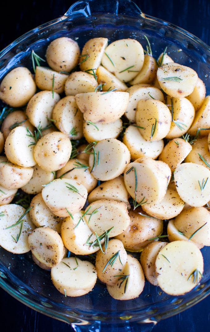 close-up of rosemary roasted little potatoes