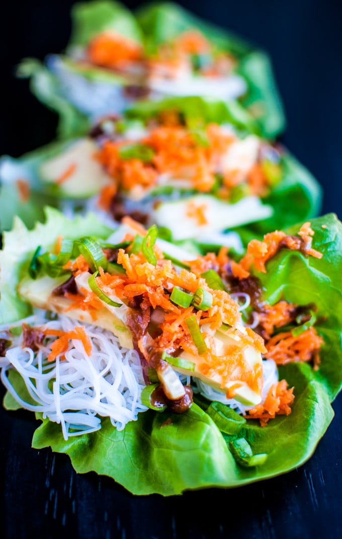 close-up of veggie lettuce wraps on a plate