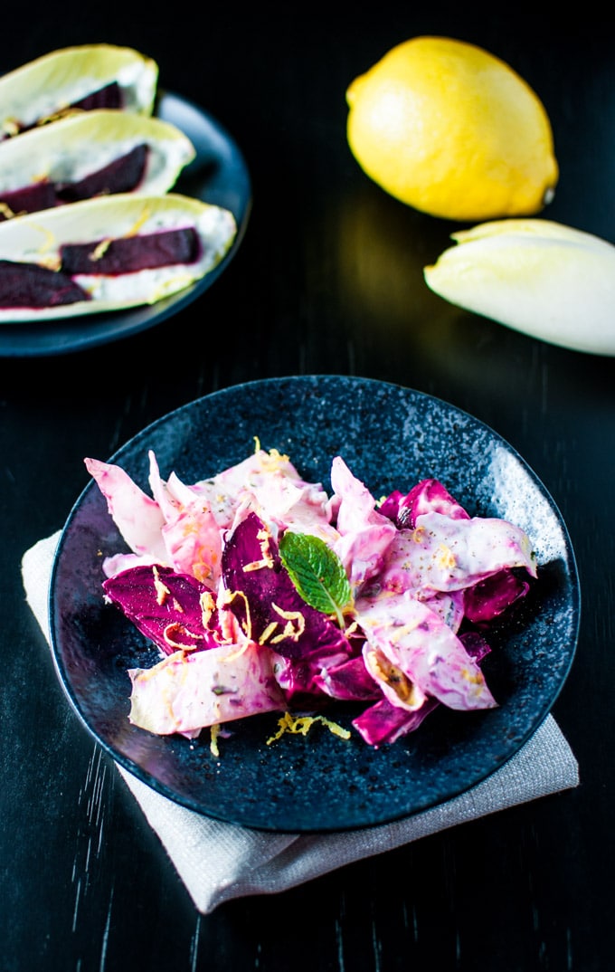 bowl with roasted beet and endive salad with Greek yogurt dressing