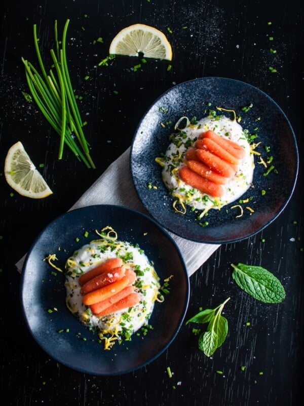 Carrots with Herbed Yogurt - an easy and elegant vegetarian appetizer with Greek yogurt, garlic, mint, and chives. - Salt & Lavender