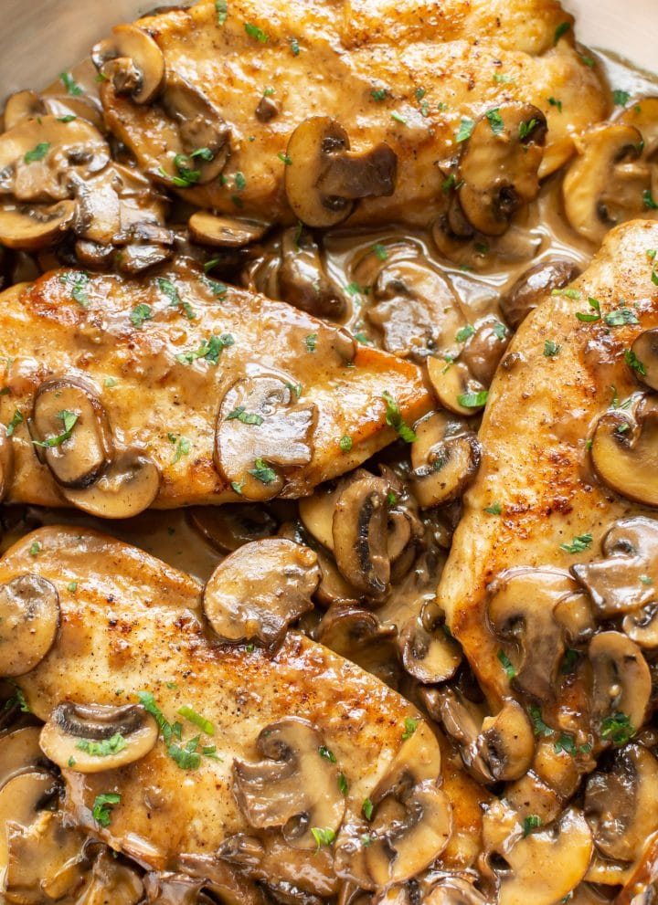 close-up of chicken marsala in sauce