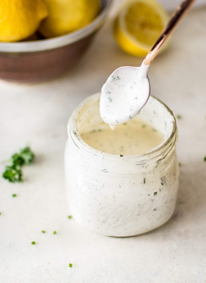This homemade ranch dressing recipe is fast, easy to make, healthy, and tastes so much better than the store-bought variety. This recipe is made without buttermilk, so you don't have to worry about what to do with the rest!