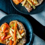 Pork chops in a delicious white wine, carrot, fresh tomato, and celeriac sauce - an elegant dish - Salt & Lavender