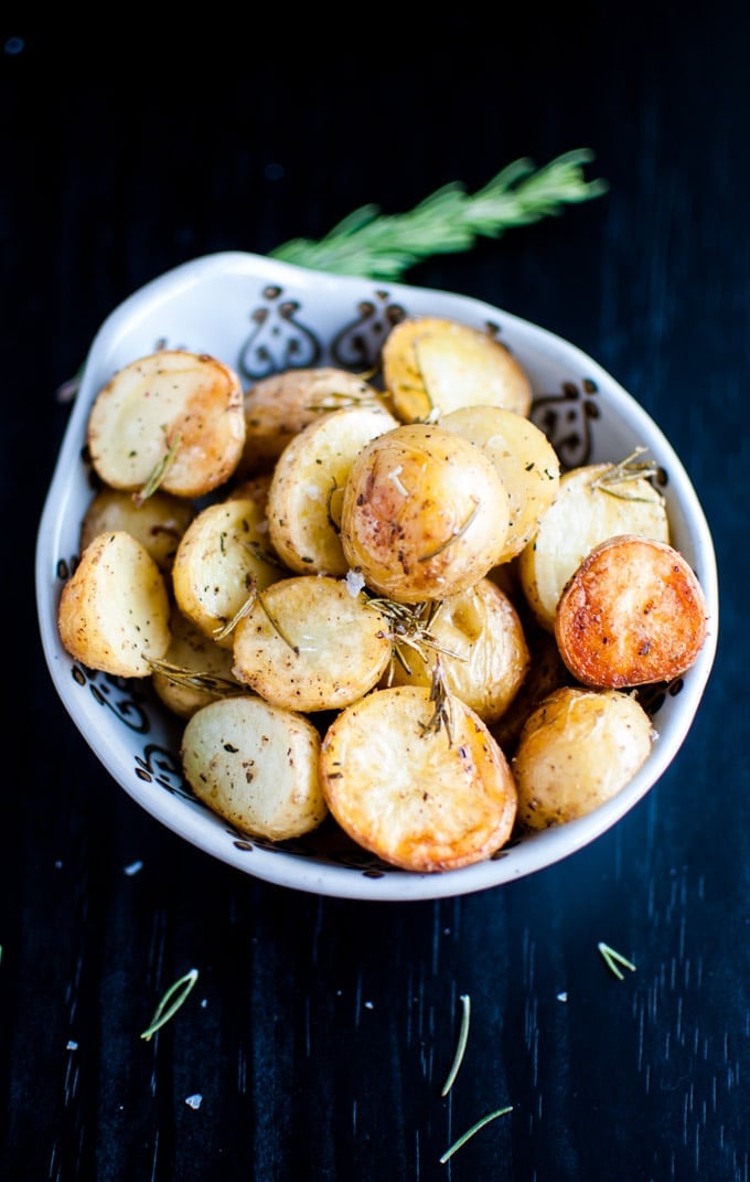 bowl with rosemary roasted potato halves