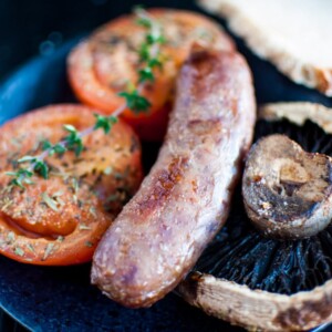 Roasted Sausages, Tomatoes, and Portobello Mushrooms - the perfect one pan comfort food. Breakfast for dinner! - Salt & Lavender