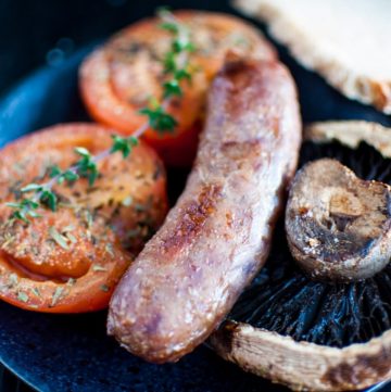 Roasted Sausages, Tomatoes, and Portobello Mushrooms - the perfect one pan comfort food. Breakfast for dinner! - Salt & Lavender