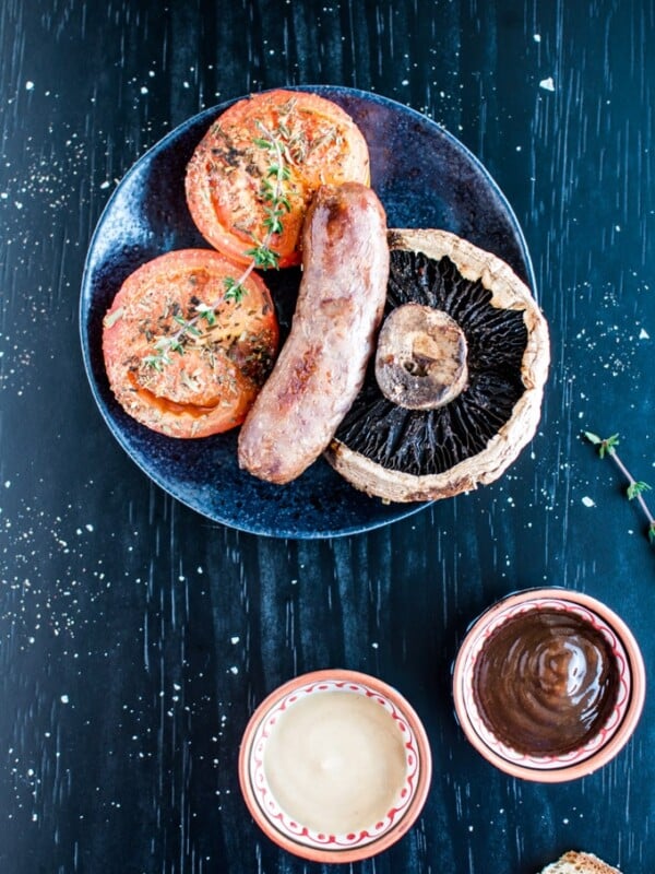 Roasted Sausages, Tomatoes, and Portobello Mushrooms - the perfect one pan comfort food. Breakfast for dinner! - Salt & Lavender