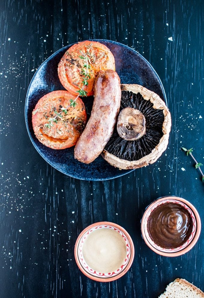 Roasted Sausages, Tomatoes, and Portobello Mushrooms - the perfect one pan comfort food. Breakfast for dinner! - Salt & Lavender