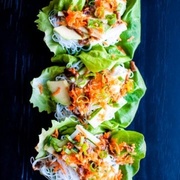 Veggie Lettuce Wraps with a Sweet Peanut Sauce - healthy, fast, and easy with avocado, vermicelli, carrots, cucumber, and spring onions