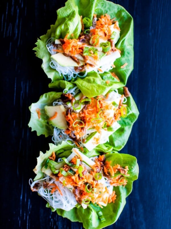 Veggie Lettuce Wraps with a Sweet Peanut Sauce - healthy, fast, and easy with avocado, vermicelli, carrots, cucumber, and spring onions