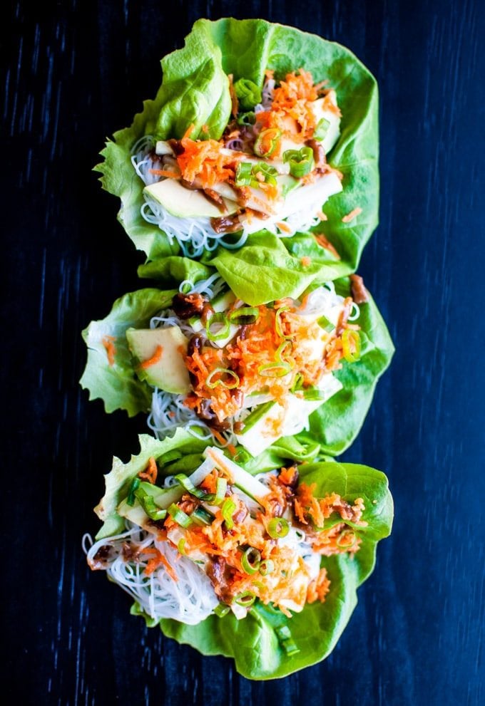 Veggie Lettuce Wraps with a Sweet Peanut Sauce - healthy, fast, and easy with avocado, vermicelli, carrots, cucumber, and spring onions