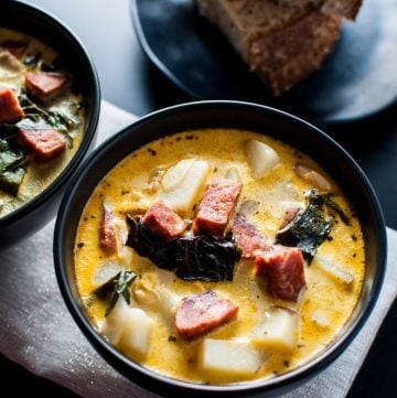 This chorizo, white bean, and potato soup is delicious and comforting.