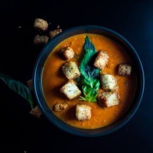 Tomato Soup with the Best Croutons! Basil, garlic, and sage wonderfully complement this soup.