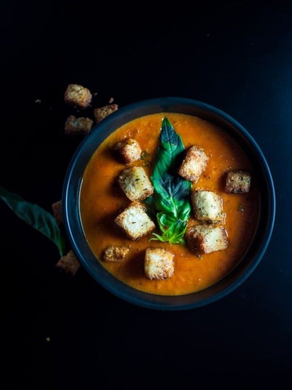 Tomato Soup with the Best Croutons! Basil, garlic, and sage wonderfully complement this soup.
