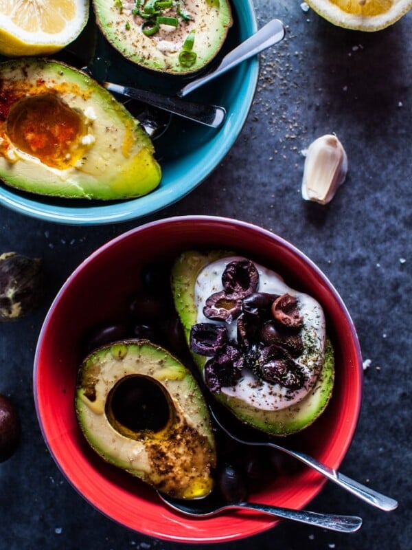 two bowls of avocado halves four ways