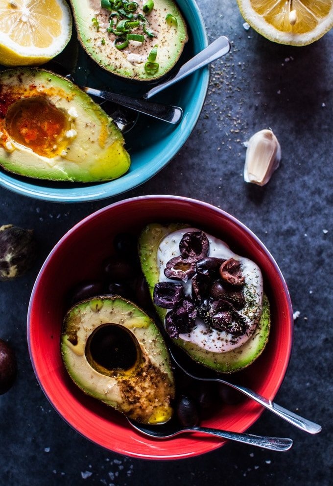 two bowls of avocado halves four ways