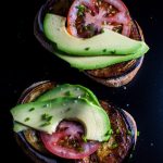 A fantastic vegetarian toast recipe with fried eggplant, avocado, tomatoes, chives, and a smoky mayo!