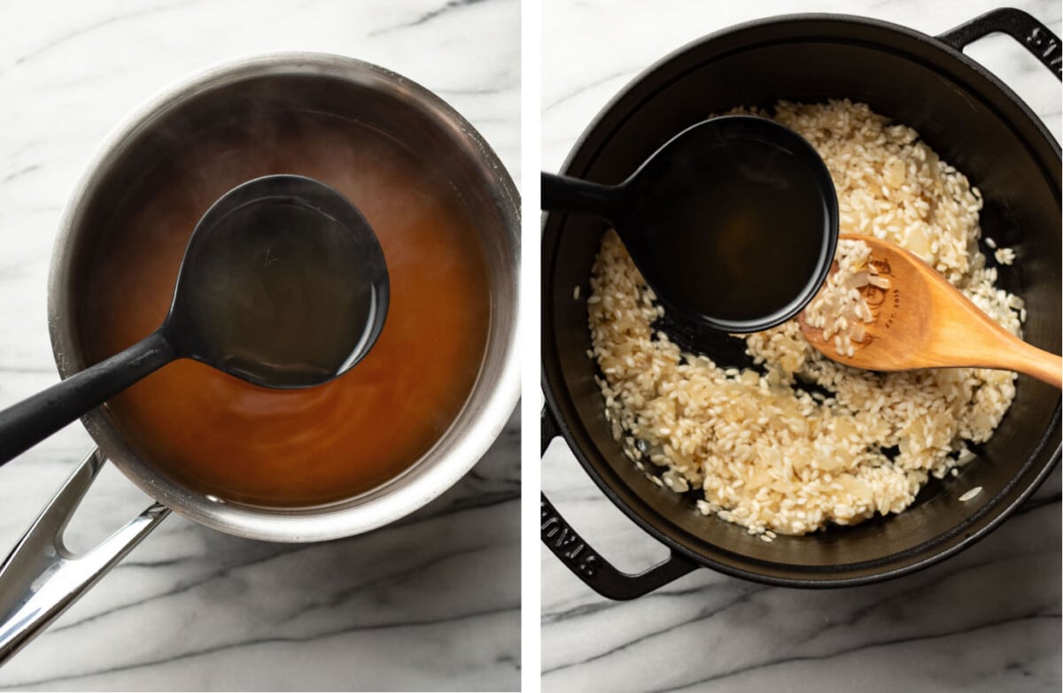 a saucepan with chicken broth and pouring a ladle of it into a pot of rice