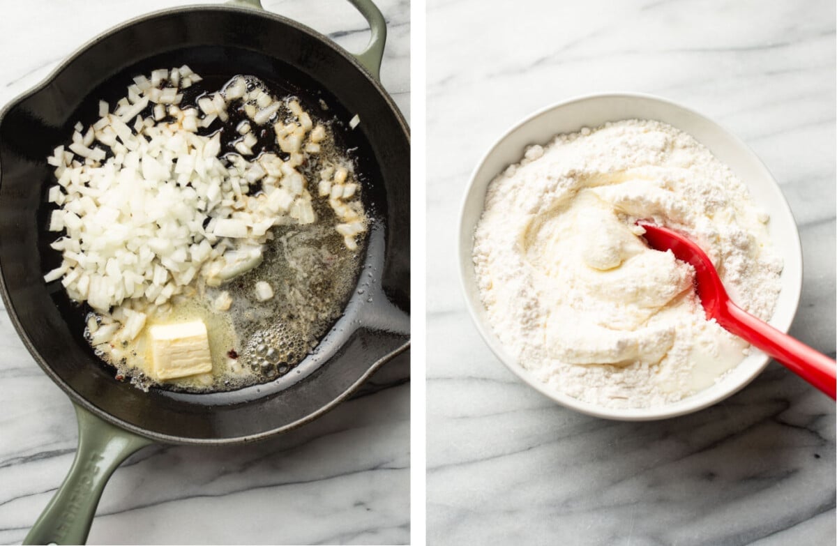 sauteing onions in a skillet and mixing together sour cream and flour in a prep bowl