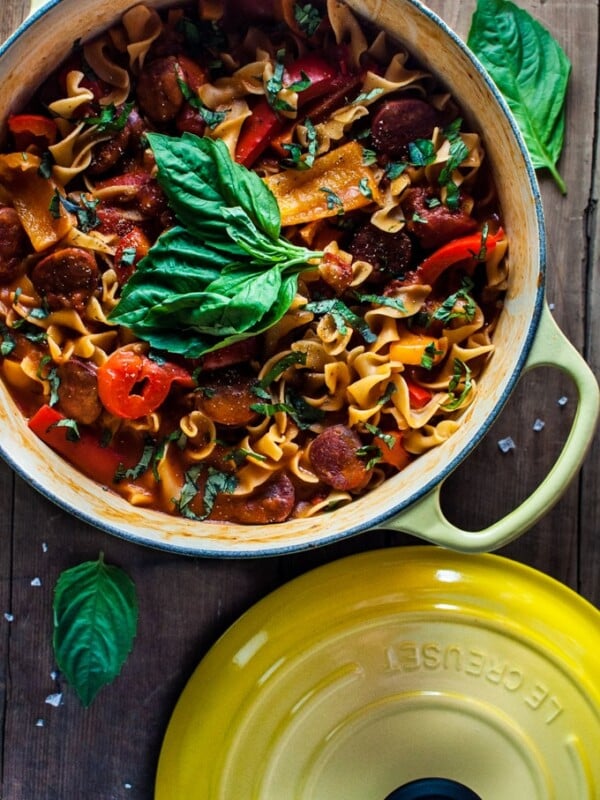 This one pot chorizo, bell pepper, and tomato noodles recipe is quick, healthy, and delicious. One pot = easy clean-up on a busy weeknight.