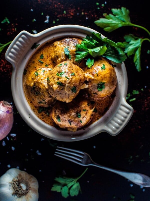 Tender chicken meatballs covered in a decadent paprika sour cream sauce.