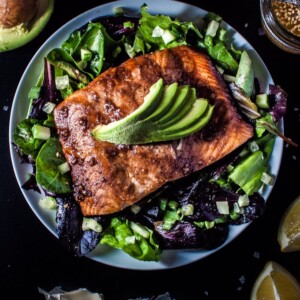 This salmon salad with a toasted sesame seed dressing is light, healthy, and full of flavor.