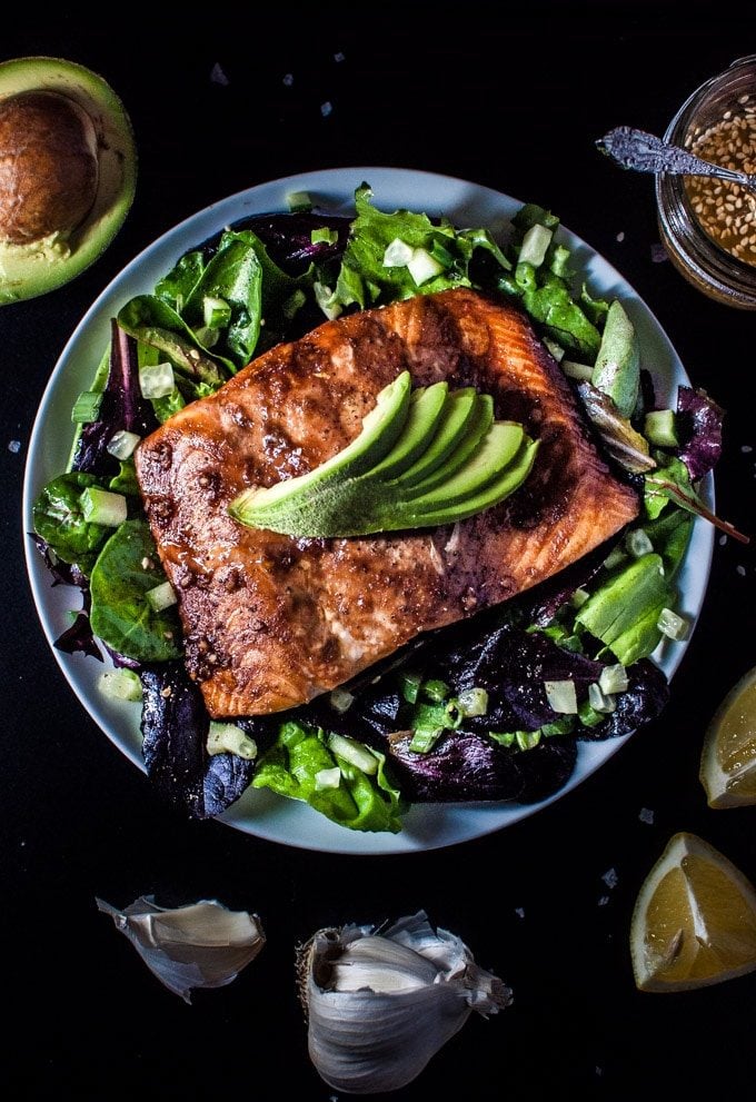 This salmon salad with a toasted sesame seed dressing is light, healthy, and full of flavor.