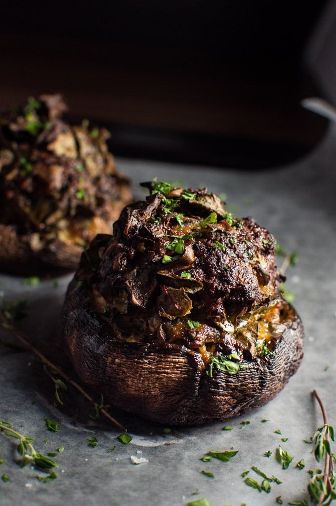 close-up of sausage and Swiss chard stuffed portobello mushroom