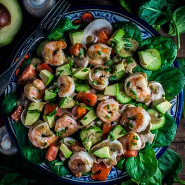 Spinach salad with shrimp and a smoky-sweet dressing - the fresh flavors make a perfect healthy meal or side dish.
